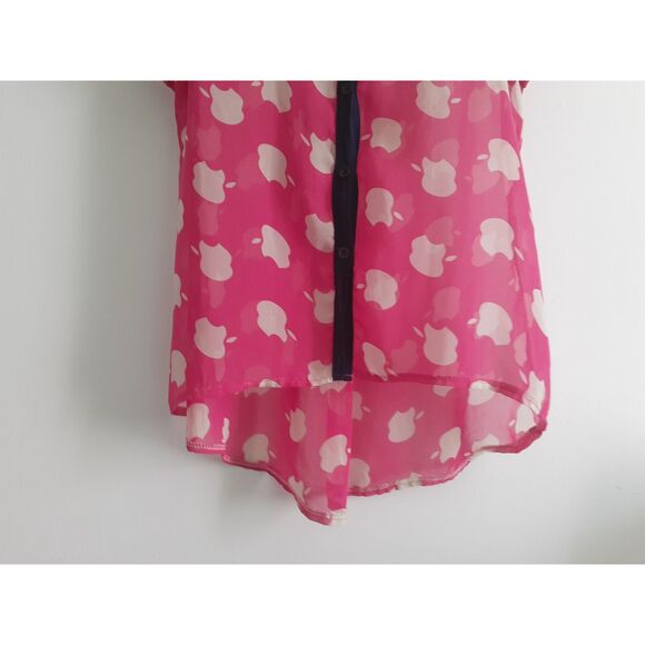 Dresscode Chiffon Sheer Pink Apple Print Collared Hi-Low Hem Button Blouse S-M - Picture 7 of 10